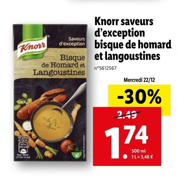 Promo Knorr saveurs d'exception bisque de homard chez Lidl