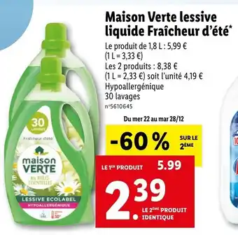 Lidl Maison Verte lessive liquide fraîcheur d'été offre