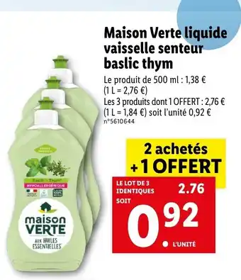 Lidl Maison Verte liquide vaisselle senteur baslic thym offre