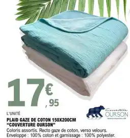 E.Leclerc PLAID GAZE DE COTON 150X200CM 'COUVERTURE OURSON' offre