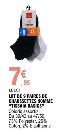 E.Leclerc LOT DE 9 PAIRES DE CHAUSSETTES HOMME TISSAIA BASICS offre