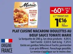 Supeco Plat cuisiné macaroni boulettes au bœuf sauce tomate marie offre