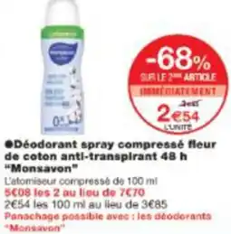 Monop' Déodorant spray compressé fleur de coton anti-transpirant 48 h Monsavon offre