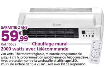 Provence Outillage Chauffage mural 2000 watts avec télécommande offre
