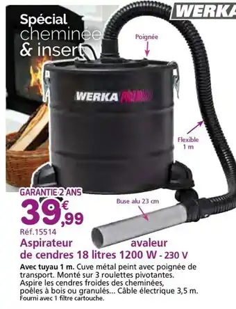 Provence Outillage WERKA PRO Aspirateur avaleur de cendres 1200 W - 230 V offre