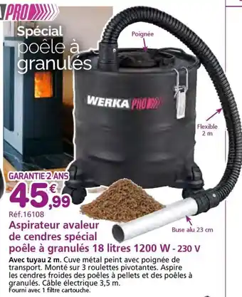 Provence Outillage WERKA PRO Aspirateur avaleur de cendres spécial poêle à granulés 1200 W - 230 V offre