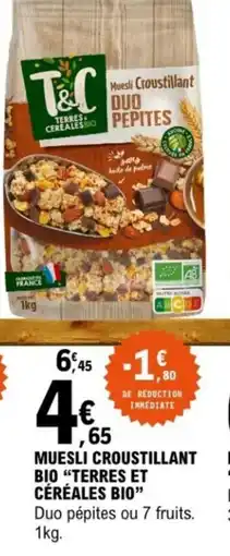 E.Leclerc Muesli croustillant bio "terres et céréales bio" offre