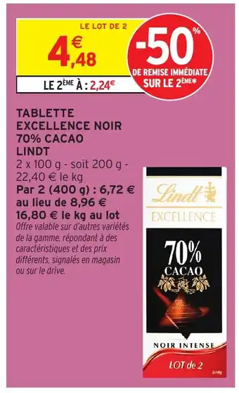 Intermarché LINDT Tablette excellence noir 70% cacao offre