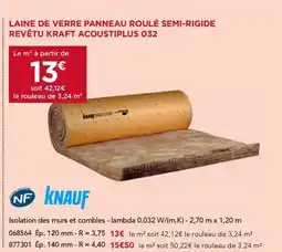 Gedimat Laine de verre panneau roulé semi-rigide revêtu kraft acoustiplus 032 offre