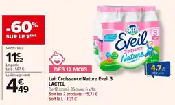 Carrefour LACTEL Lait Croissance Nature Eveil 3 offre