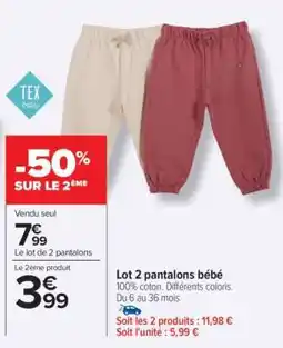 Carrefour Lot 2 pantalons bébé offre