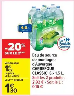 Carrefour Eau de Source de Montagne d'Auvergne Carrefour Classic' offre