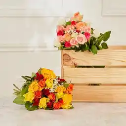 Carrefour FLEUR Bouquet de 19 roses arlequin et gypsophile ton chaud offre