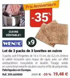 Mathon Wenko - lot de 3 packs de 3 lavettes en cuivre offre