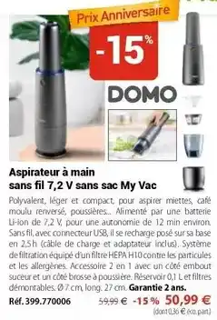 Doméos - aspirateur à main sans fil 7,2 v sans sac my vac