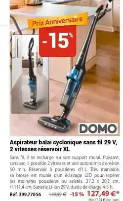 Mathon Doméos - aspirateur balai cyclonique sans fil 29 v, 2 vitesses réservoir xl offre