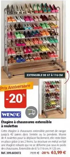 Mathon Wenko - étagère à chaussures extensible à roulettes offre