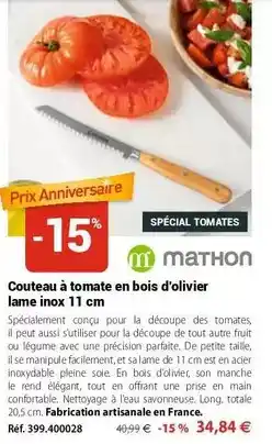 Mathon Couteau à tomate en bois d'olivier lame inox 11 cm offre