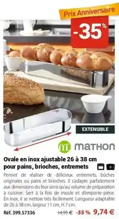 Mathon Ovale en inox ajustable 26 a 38 cm pour pains, brioches, entremets offre