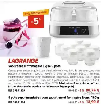 Mathon Lagrange - yaourtiere et fromagère ligne 9 pots offre