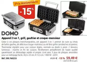 Mathon Doméos - appareil 3 en 1, grill, gaufrier et croque-monsieur offre