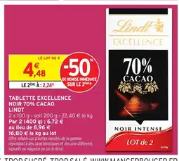 Intermarché Hyper LINDT Tablette excellence noir 70% cacao offre