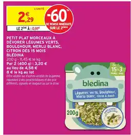 Intermarché Hyper BLÉDINA Petit plat morceaux à dévorer légumes verts, boulghour, merlu blanc, citron dès 15 mois offre