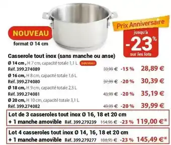 Mathon Casserole tout inox (sans manche ou anse) offre