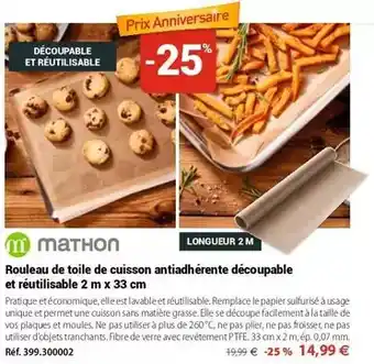 Mathon Rouleau de toile de cuisson antiadhérente découpable et réutilisable 2 m x 33 cm offre