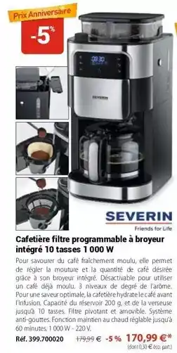 Mathon Severin - cafetiere filte programmable à broyeur intégré 10 tasses 1000w offre