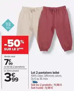 Carrefour Tex - lot 2 pantalons bébé offre