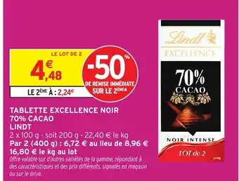Intermarché Express LINDT Tablette excellence noir 70% cacao offre