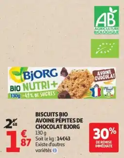 Auchan Supermarché Biscuits bio avoine pépites de chocolat bjorg offre