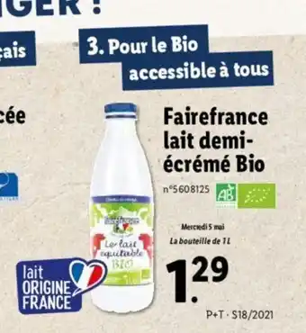 Lidl Fairefrance lait demi-écrémé Bio offre