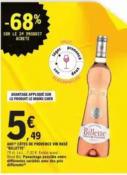 E.Leclerc AOC CÔTES DE PROVENCE VIN ROSÉ “BILLETTE” offre