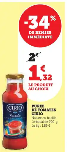 Hyper U CIRIO Puree de tomates offre