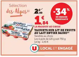 Hyper U BAIKO Yaourts sur lit de fruits au lait entier offre