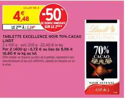 Intermarché Contact LINDT Tablette excellence noir 70% cacao offre