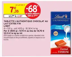 Intermarché Contact LINDT Tablette l'authentique chocolat au lait extra fin offre