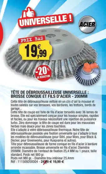 Outiror Tête de débroussailleuse universelle : brosse conique et fils d'acier - 200mm offre