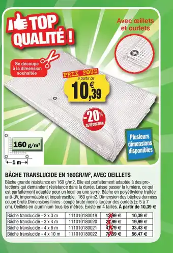 Outiror Bâche translucide en 160gr/m², avec oeillets offre