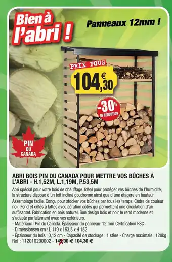Outiror Abri bois pin du canada pour mettre vos bûches à l'abri offre