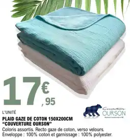 E.Leclerc Plaid gaze de coton 150 x 200 cm couverture ourson offre