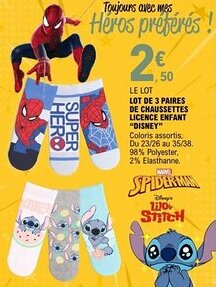E.Leclerc Lot de 3 paires de chaussettes licence enfant disney offre