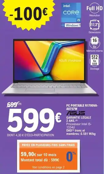 E.Leclerc Espace Culturel ASUS Pc portable r1700va- au757w offre