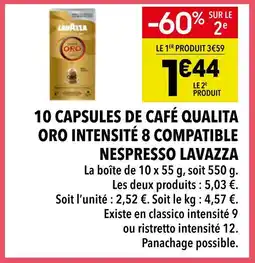 Supeco Lavazza 10 capsules de café Qualita Oro intensité 8 compatible Nespresso offre