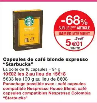 Monoprix STARBUCKS Capsules de café blonde expresso offre