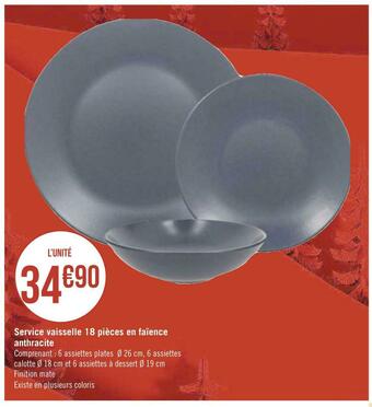 Géant Casino Service vaisselle 18 pièces en faïence anthracite offre