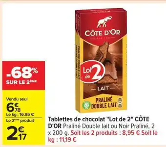 Carrefour Tablettes de chocolat Lot de 2 CÔTE D'OR offre