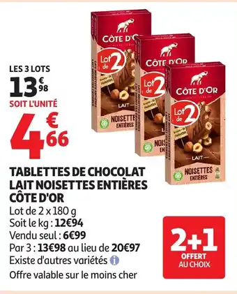 Auchan CÔTE D'OR Tablettes de chocolat lait noisettes entières offre